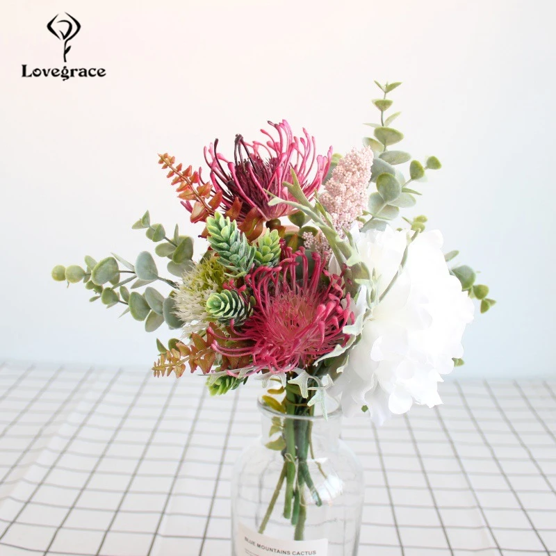 Lovegrace di Cerimonia Nuziale della Rosa Bouquet di Fiori di Seta Artificiale Peony Pompon Foglia di Eucalipto Staghorn Felce Unico Bouquet di Nozze Della Sposa