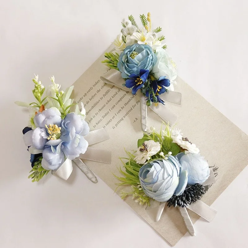 Neue Hochzeit Blume Im Knopfloch Blau Blume Korsagen Seide Rosen Ehe Corsage Bräutigam Gäste Brosche Hochzeit Zubehör