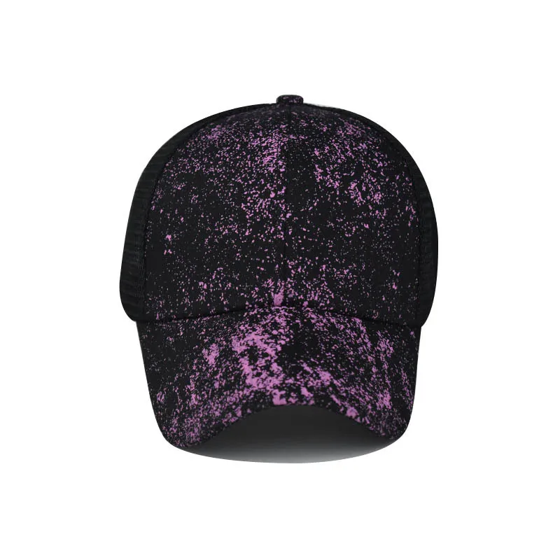 Women Color Printing Fashion Breathable Ponytail Baseball Cap Casual Summer Snapback Hat Purple trend Satin Mesh hat