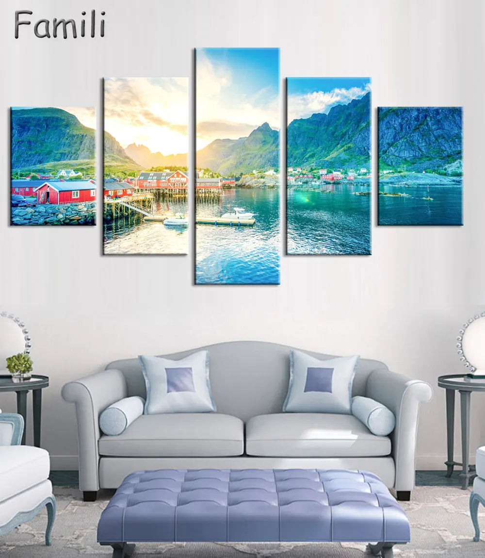 5 Panel Modular Wall Art Norway Reina Night Landscape Poster HD Print On Canvas Modern Home Decor Canvas Painting for Livingroom