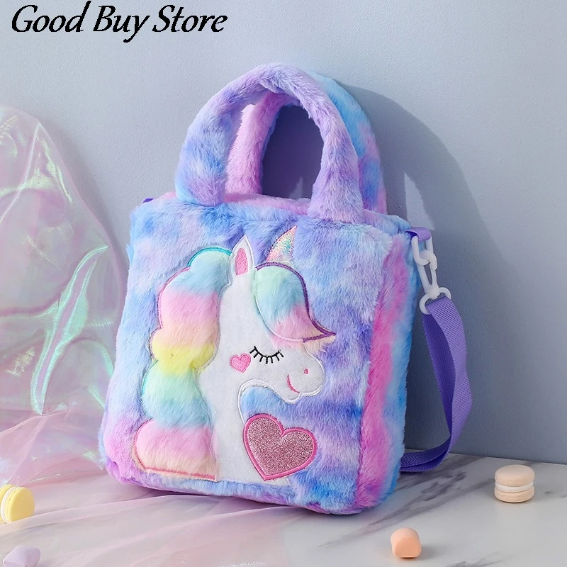 Bolsa de ombro de unicórnio de desenho animado, bolsa de cintura de pelúcia para crianças, totes de animais coloridos, fashion, bolsa de inverno para meninas