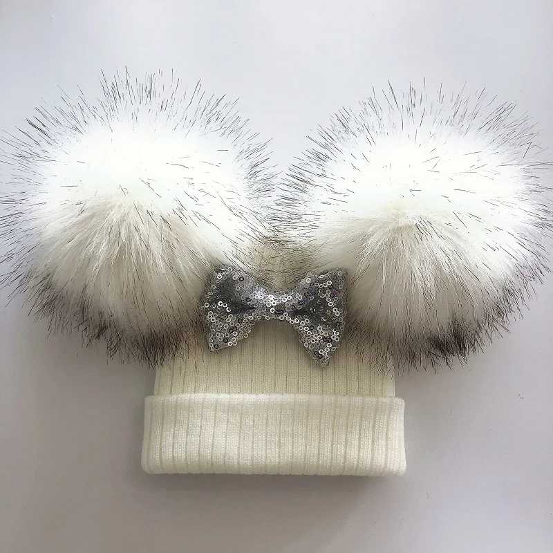 Kids Glitter Bow Knot Double Pompom Hat For Baby Girls Winter Cap Scarf Children Accessories Bonnet