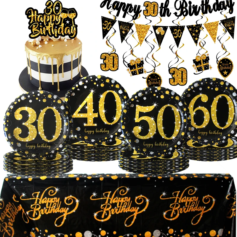 30 40 50 60 Years Birthday Party Disposable Tableware plate Paper Cups Tablecloth DIY Dinner Set Adult Birthday Party Decoration