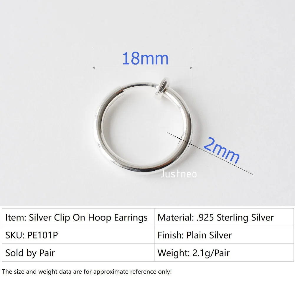 Solid .925 Sterling Silver Clip On Hoop Earring for unpierced, Fake Earrings for men, ear cuffs for women non piercing earrings