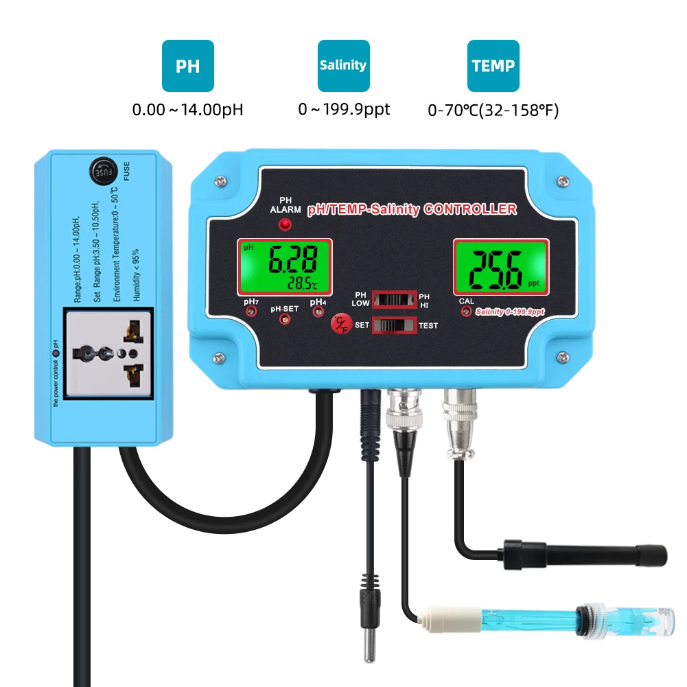 Yieryi 3In1 PH-2825 PH Salinity TEMP Water Quality Tester Monitor Digital PH Controller Meter for Pools,Drinking Water,Aquariums