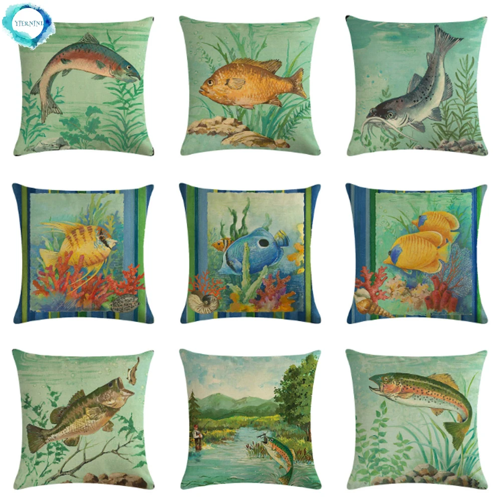 

Marine Tropical Decorative Cotton Linen Cushion Cover Catfish Crucian Chair Sofa Throw Pillow Cover Home Decoration 45x45cm