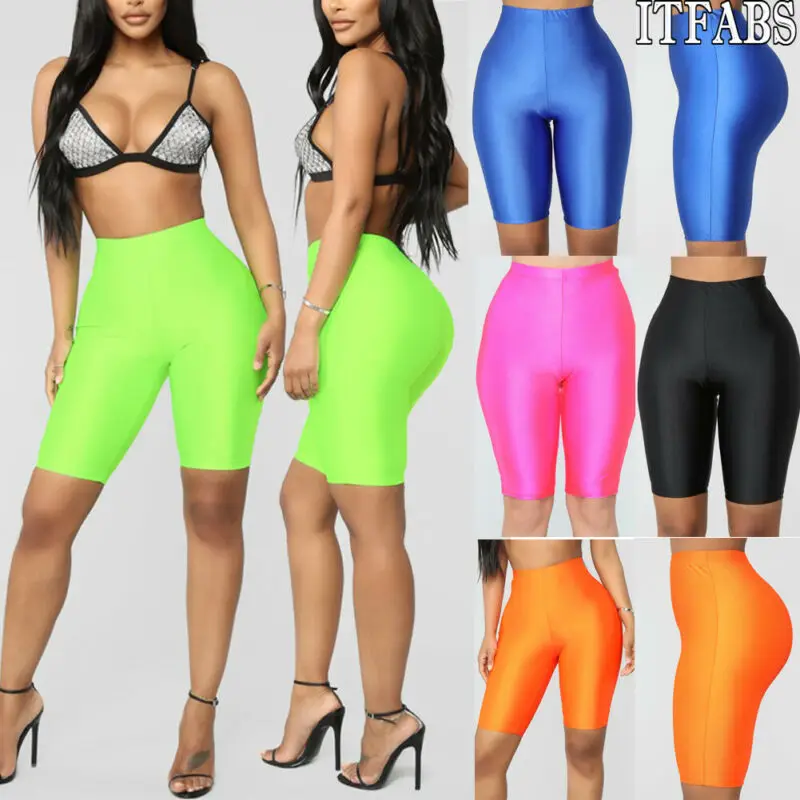 Ladies Women Men Cycling Shorts Dancing Neon Super Stretch Shiny High Waist Shorts