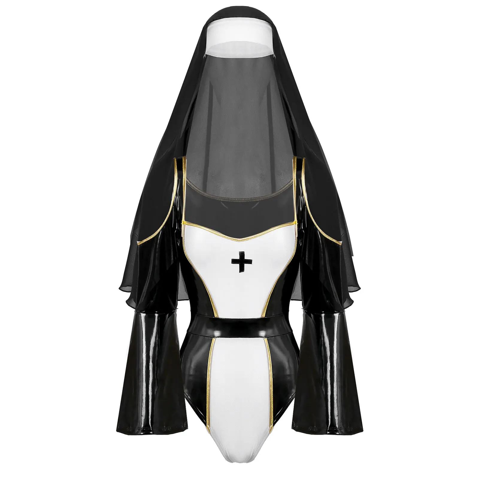 Womens Halloween Nun Cosplay Costume Wet Look Patent Leather Flare Sleeve Bodysuit Cold Shoulder Patchwork Catsuit Headwear