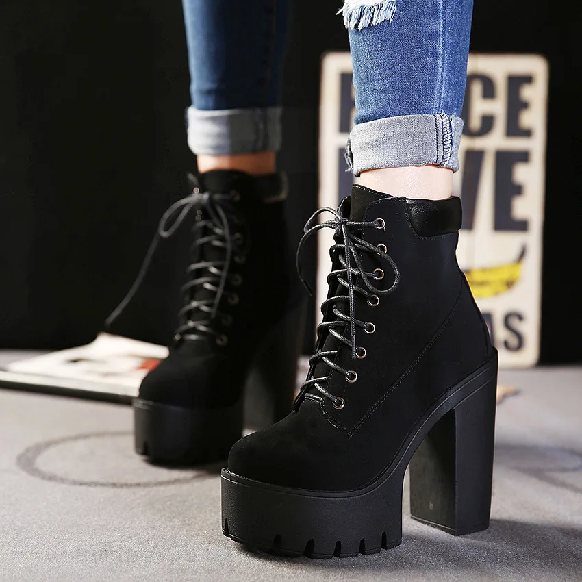 Fashion Spring Autumn Platform Ankle Boots Women Lace Up Thick Heel Platform Boots Ladies Worker Boots Black Big Size 2019