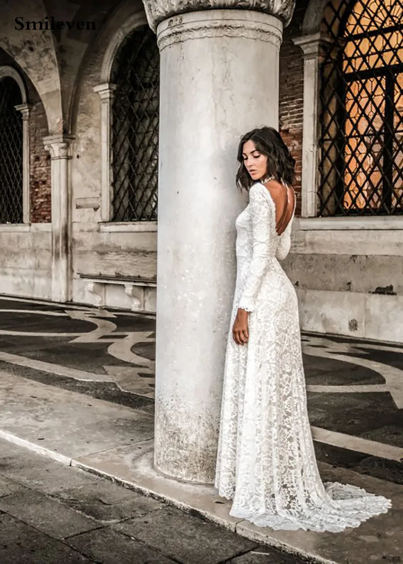 Smileven sereia vestidos de casamento 2020 manga longa rendas vestidos de casamento sem costas vestido de noiva estilo boho personalizado