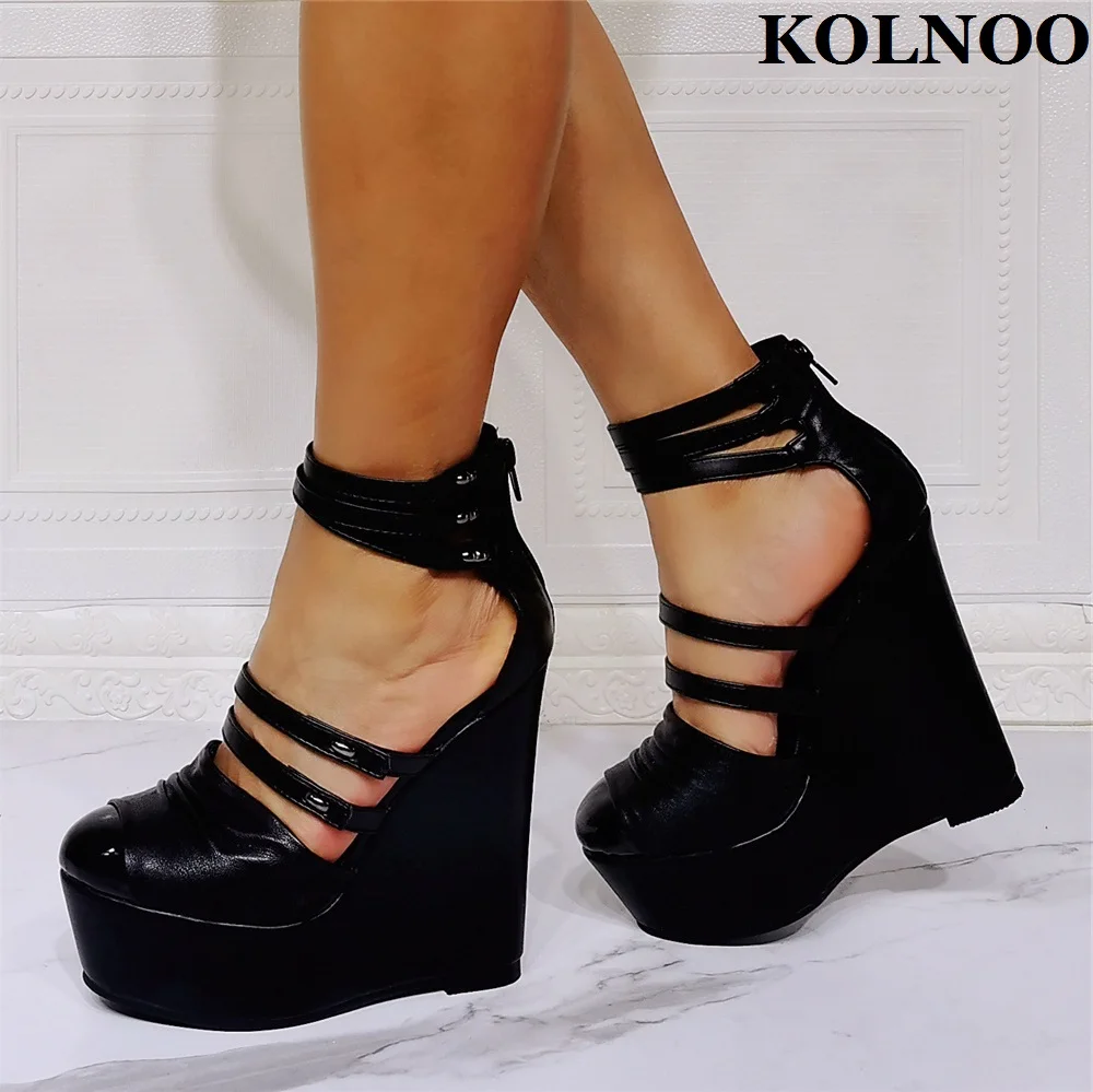 

Kolnoo New Handmade Womens Wedge Heeled Pumps Real Picutre Black Faux Leather Party Prom Shoes Evening Daily Fashion Court Shoes