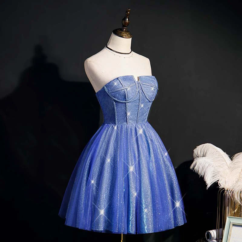 AnXin SH Prinzessin Luxus Prinzessin blau glitzernde Spitze Host trägerlos ärmellos Geburtstagsfeier kurzes blaues maßgeschneidertes Abendkleid