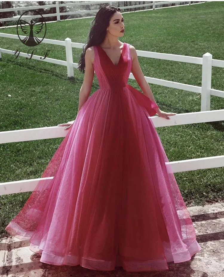 Vestido de baile sem mangas plissado Fairy A Line, simples mas elegante, cor contrastante, com decote V