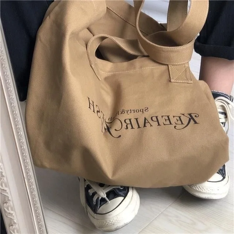 Women Vintage Letter Printed Shopping Bags Canvas Large Capacity Open Portable Shopper All-match Underarm Tote Mori-girl Stylish