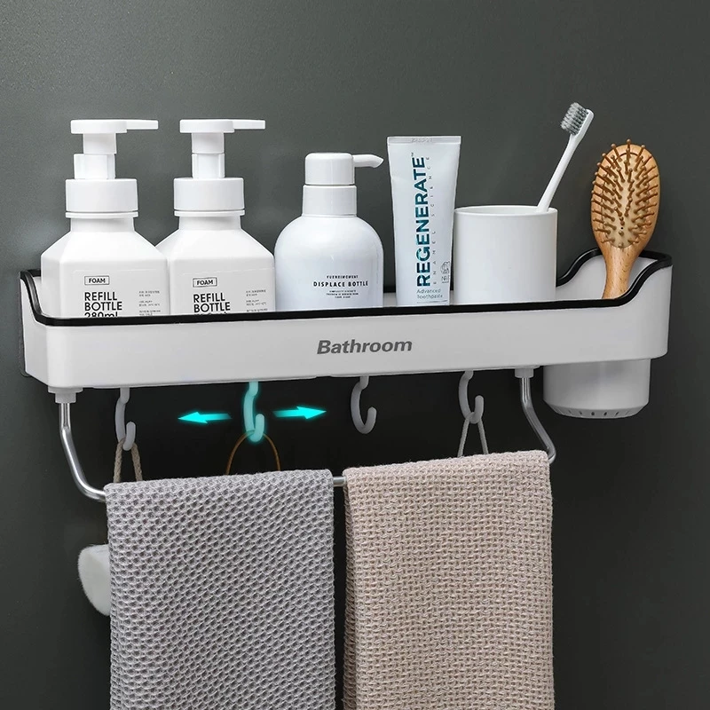 

Wall-Mounted Bathroom Cosmetics Towel Storage Racks Wall Suction Type Multifunctional Shelf With Hook Shower Room Accessories