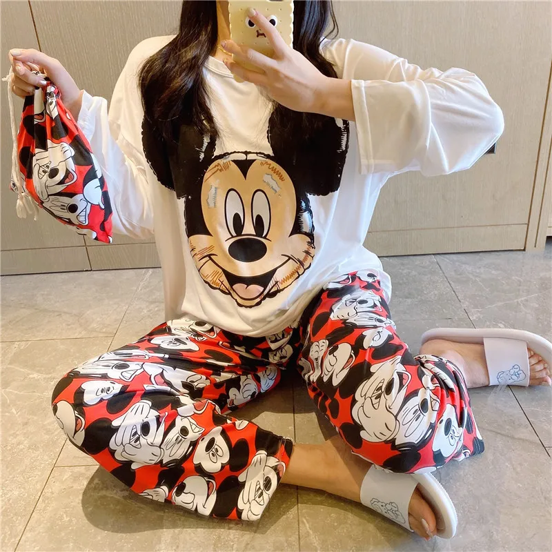 Pijamas estampados com margaridas femininos, pijamas para primavera e outono com desenho de manga longa, calças compridas, roupas de casa da disney