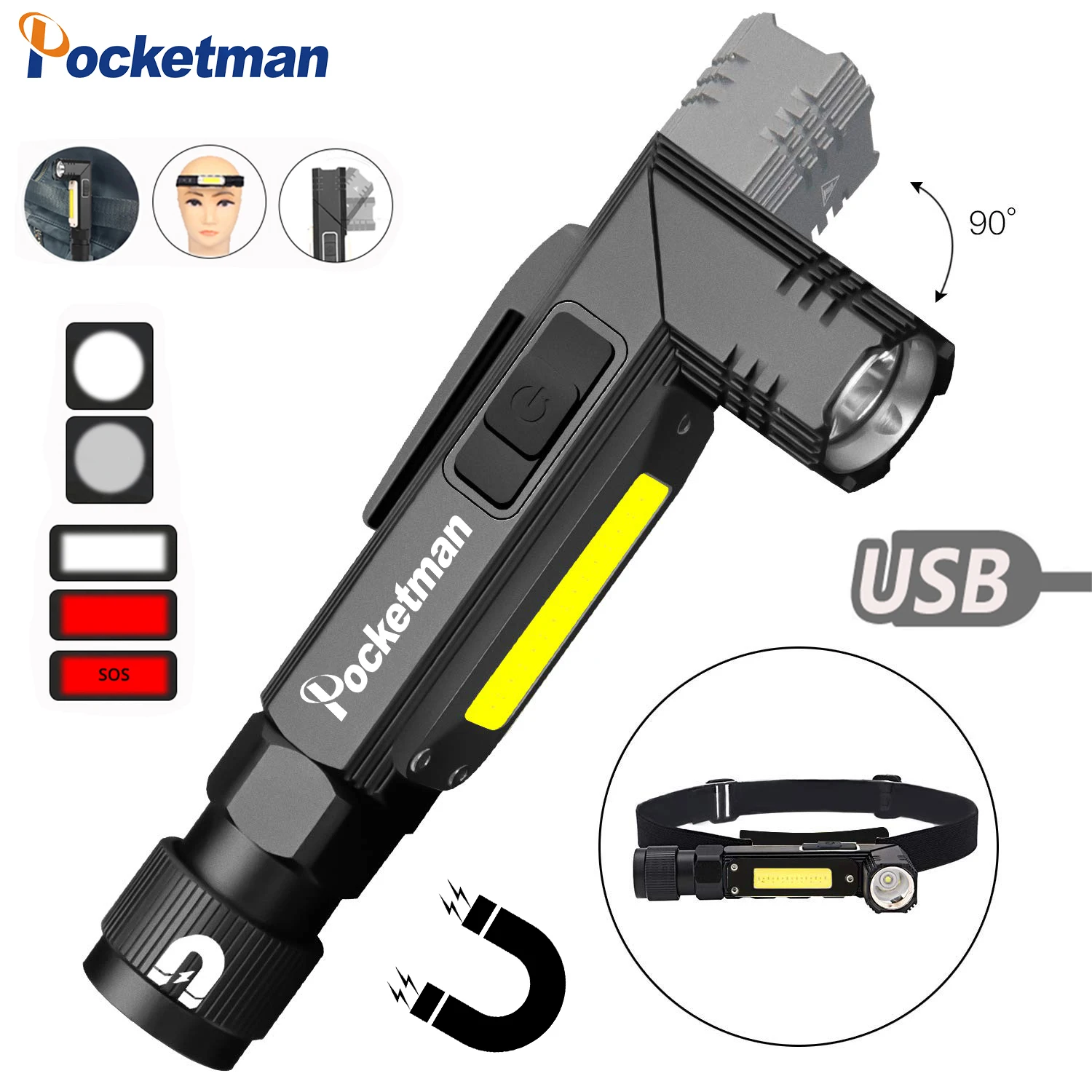 Pocletman Dual Fuel 90 Degree Twist Rotary Clip USB Rechargeable Flashlight Tactical Flashlights Hands-free 5 Modes Torch