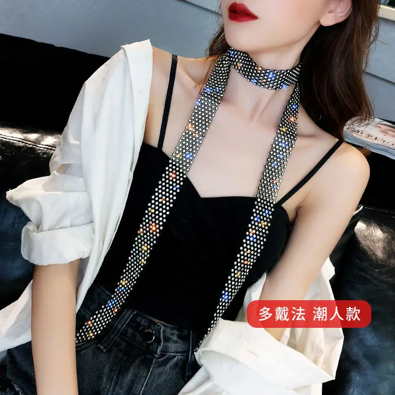 2022 New Exaggerated Shiny Multi-row Rhinestone Long Tassel Clavicle Chain Women\'s Personality Neckband Black Retro Necklace