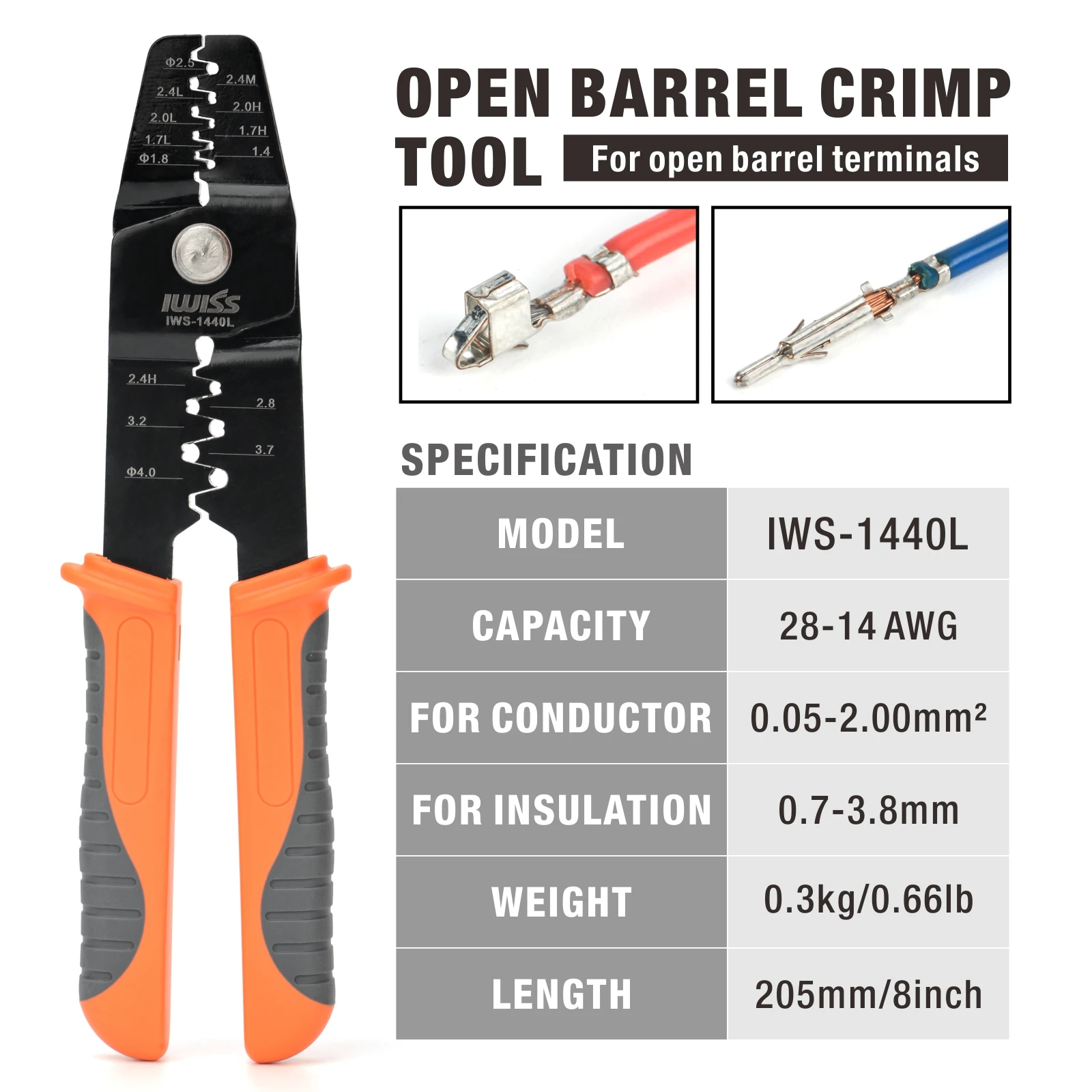 IWISS IWS-1440L Open Barrel Terminals Crimping Plier for Various-sized Contacts AWG 28-14 works on JST,Molex/TE/HRS Crimper Tool