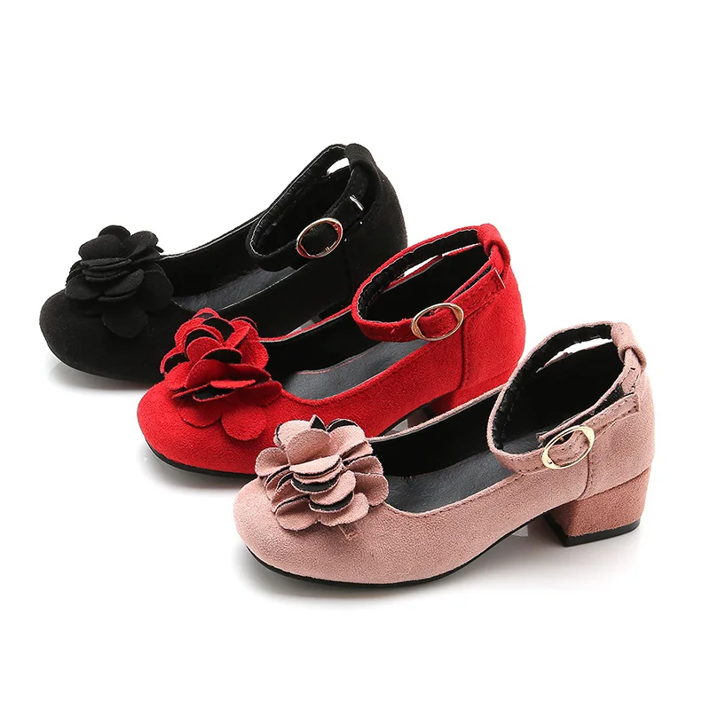 

Girls leather shoes Spring Autumn Shallow Suede Leather Kids High heels Loafers Shoes For Girl Pink Black Princess Single Shoes