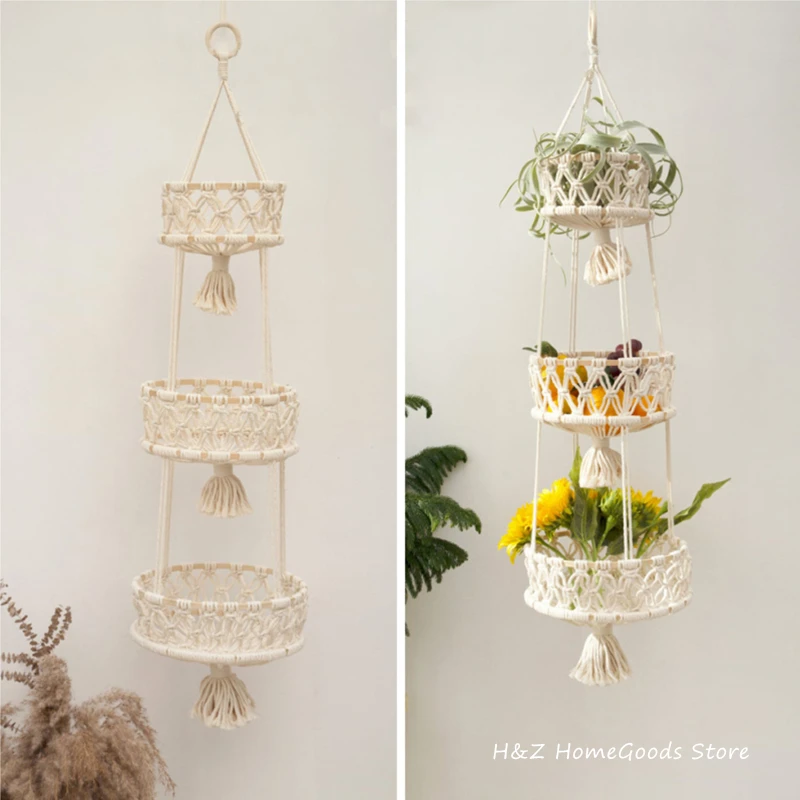 Macrame Wall Hanging Fruit Basket Hammock Produce Toy Storage Rope Plant Hanger Bohemian Boho Home Decor Flower Pots Decorative