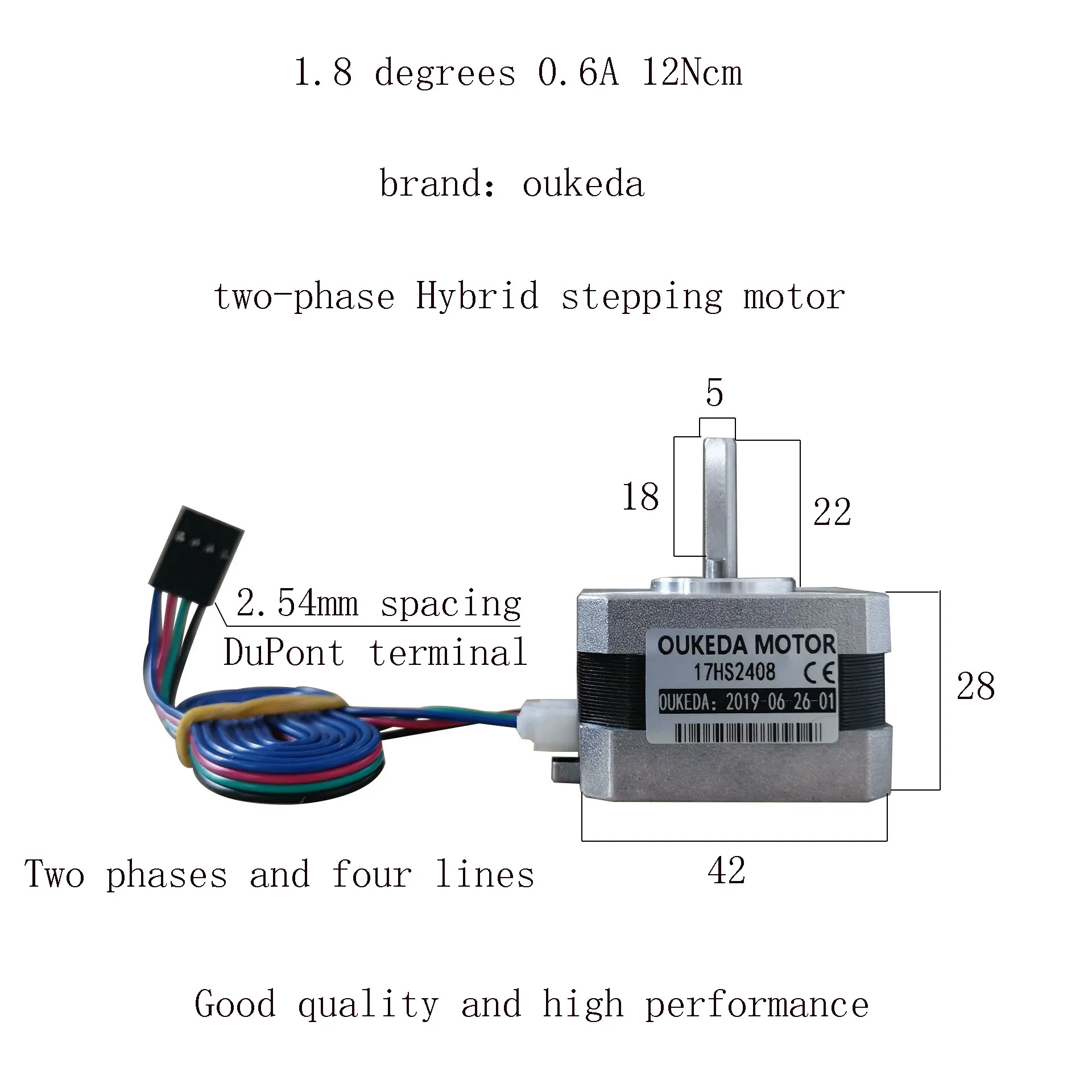 

5pcs 17HS2408 4-lead Nema17 Stepper Motor 42 motor DC 12V 24V 42BYGH 0.6A CE ROSH ISO CNC Laser and 3D printer