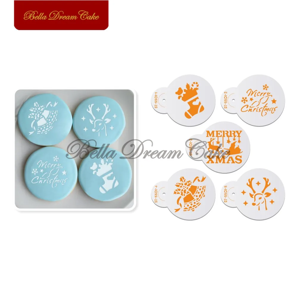 AK 5PCS/Set Christmas Series Cookies Stencils Coffee Template Mold  Macaron Biscuit Cake Stencil Cake Decorating Tools Bakeware