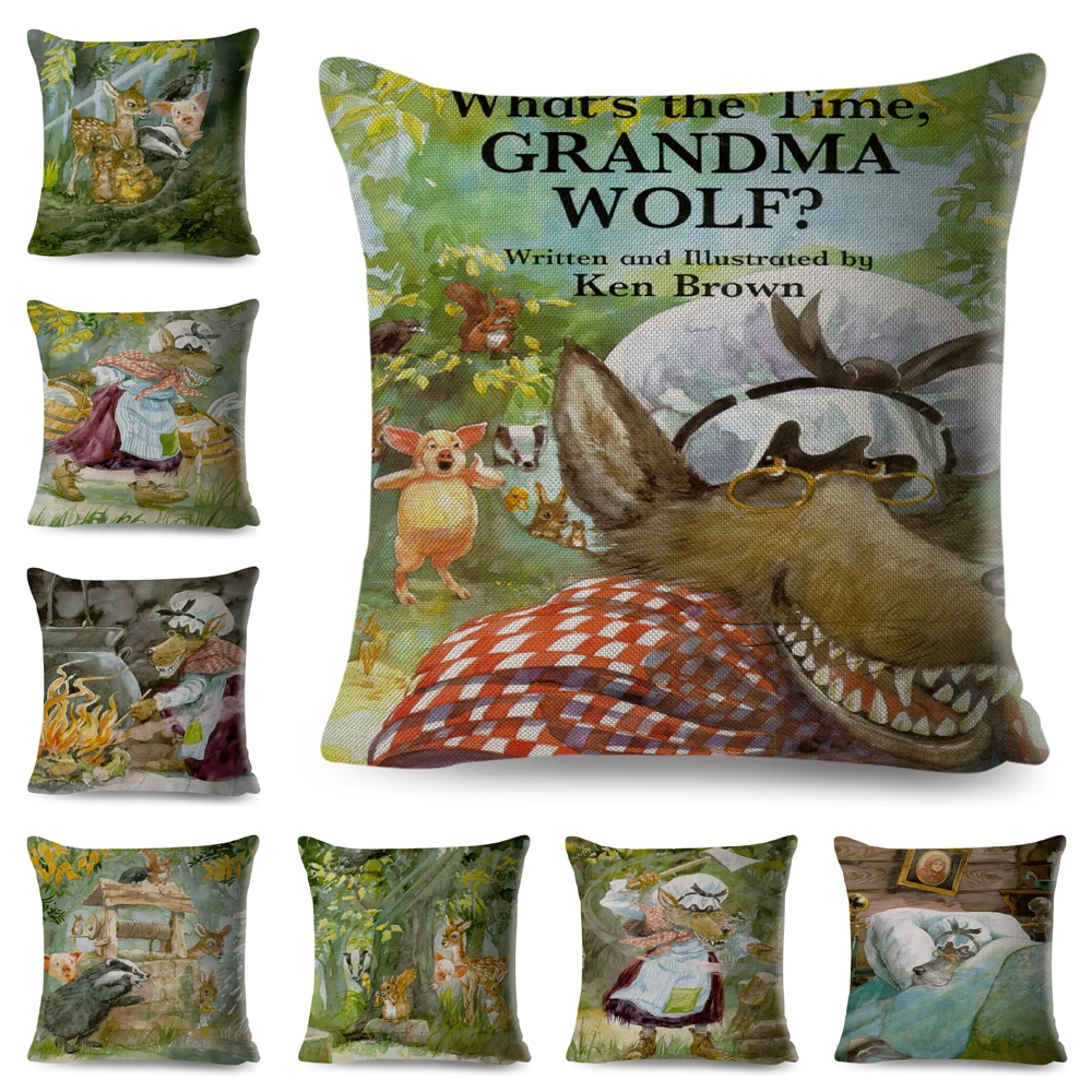 

Grandma Wolf Story Cushion Cover Decor Cartoon Fairy Tale Pillow Case for Children Room Sofa Home Linen Pillowcase Covers 45x45