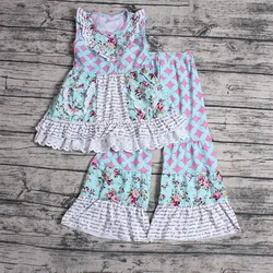 Wholesale Kids Children's Girls Fashion O-neck Diamond Letter Short Sleeves Lace Flower Pocket Ruffle Long Pants Outfit Clothing