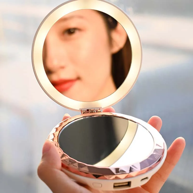 Portable Cosmetic LED Makeup Mirror Light Hand Warmer Rechargeable Power Bank 3X Magnifying Make-up Folding Beauty Mirror Lamp