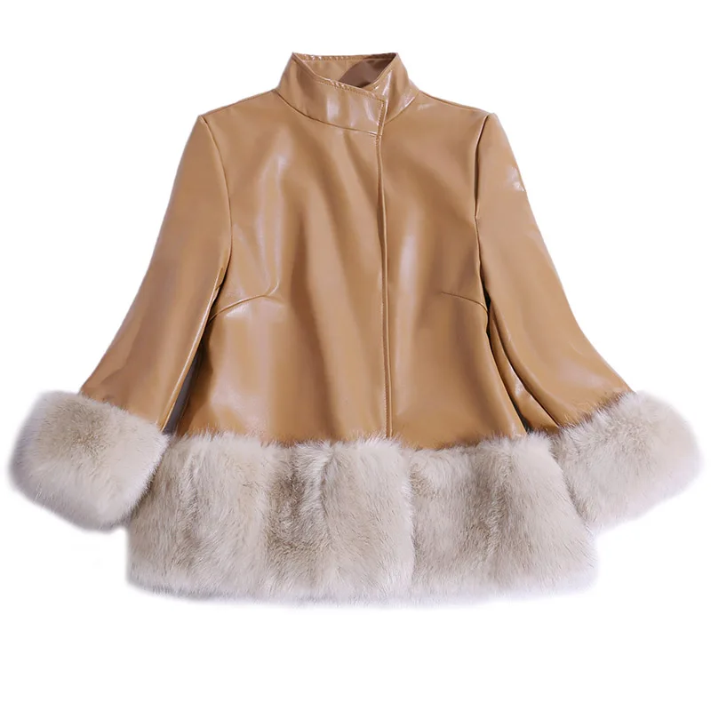 Faux Fox Fur Coat Women High Quality Luxury Short Stand Collar Splicing Fur Jacket Female Leather Coats 2024 Autumn Winter S-4XL