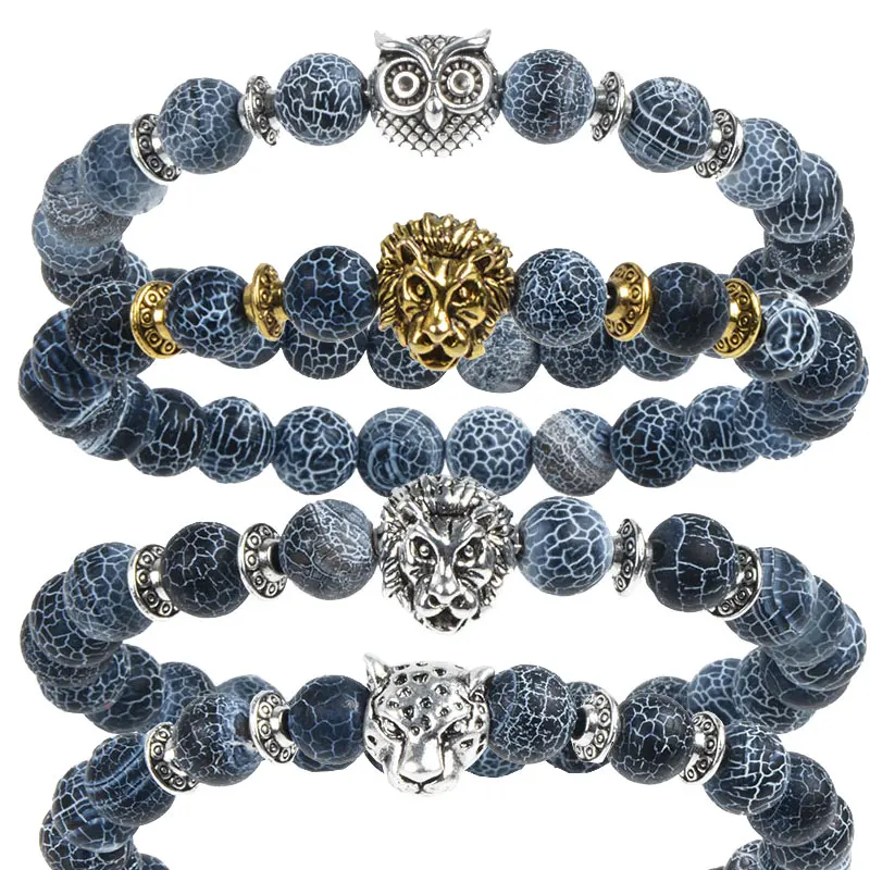 Lion Buddha Beads Bracelets Natural Weathered Stone Tiger Eye Black Agate  Elastic Rope Energy Healing For Women Men