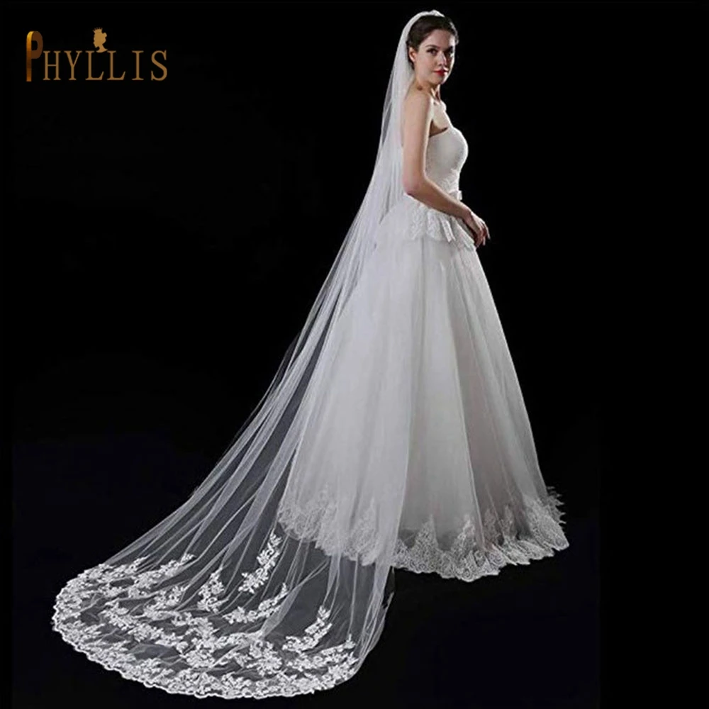 B54 Kathedraal Bruiloft Sluier Met Kam 3 Meter Lange Bruidssluier 1 Layer White Bridal Veil Borduren Bloem Bruiloft Accessoires