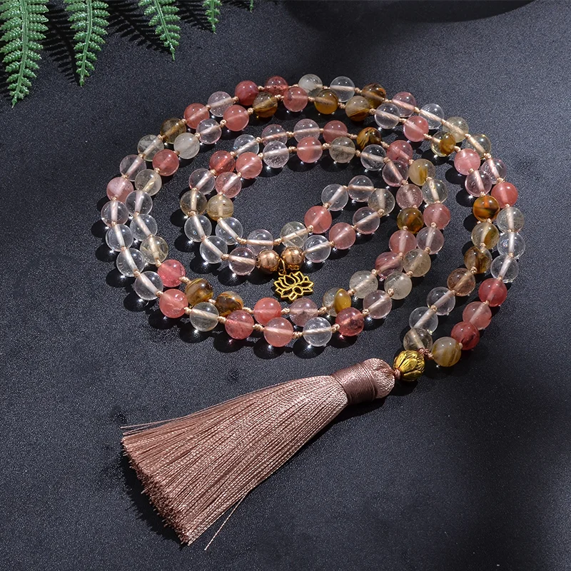 

8mm Watermelon Tourmaline Japamala Necklace Meditation Yoga Tibetan Jewelry Bracelet Set 108 Beaded Rosary Golden Lotus Charm