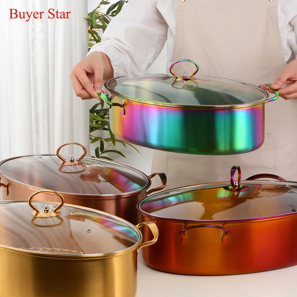 Kitchen Cooking Stainless Steel Multi-Use Oval Korean Soup Pot Steamed Food Fish Pot Roaster with Rack Ceramic Plate Cookware