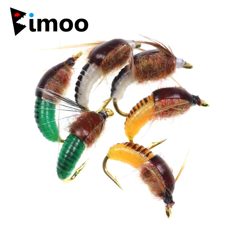 Bimoo 6PCS #8 #10 #12 Realistic Scud Fly Nymph Shrimps Fly Trout Fishing Fly Bait Artificial Insect Lure Green Orange White