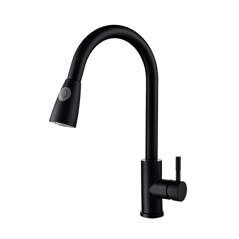 304 stainless steel  sink faucet black stretch hot and cold faucet pull out type kitchen faucet