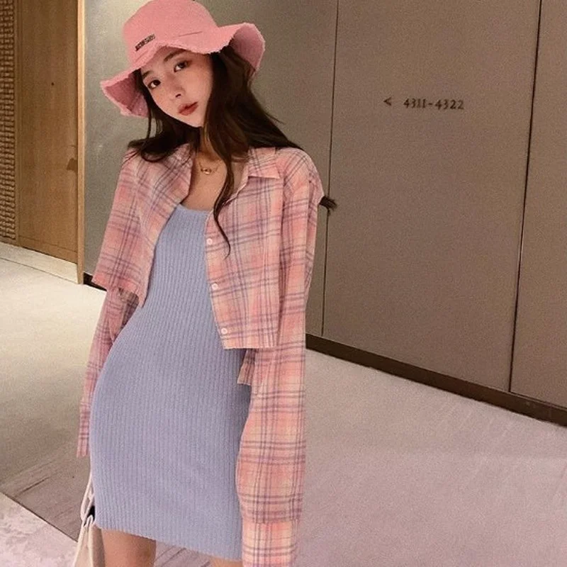 Shirts Women Cropped Ladies Tops Leisure Plaid Design Minimalist Lovely Korean Version Daily Newest Popular Trendy Cozy Soft Ins