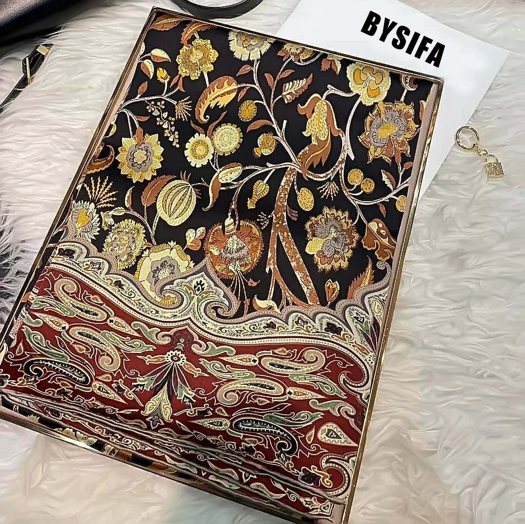 

BYSIFA| Red Black Gold 100% Pure Silk Scarf Shawl Ladies New Brand Large Square Scarves Hijabs Fall Female Winter Floral Scarves