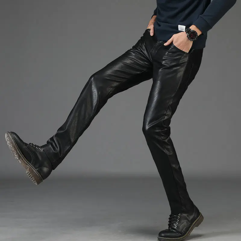 Summer Leather Pants Men's Motorcycle Pants Straight Waterproof Leather Pants Black Tight Trousers Full Length Moto &Biker Pants