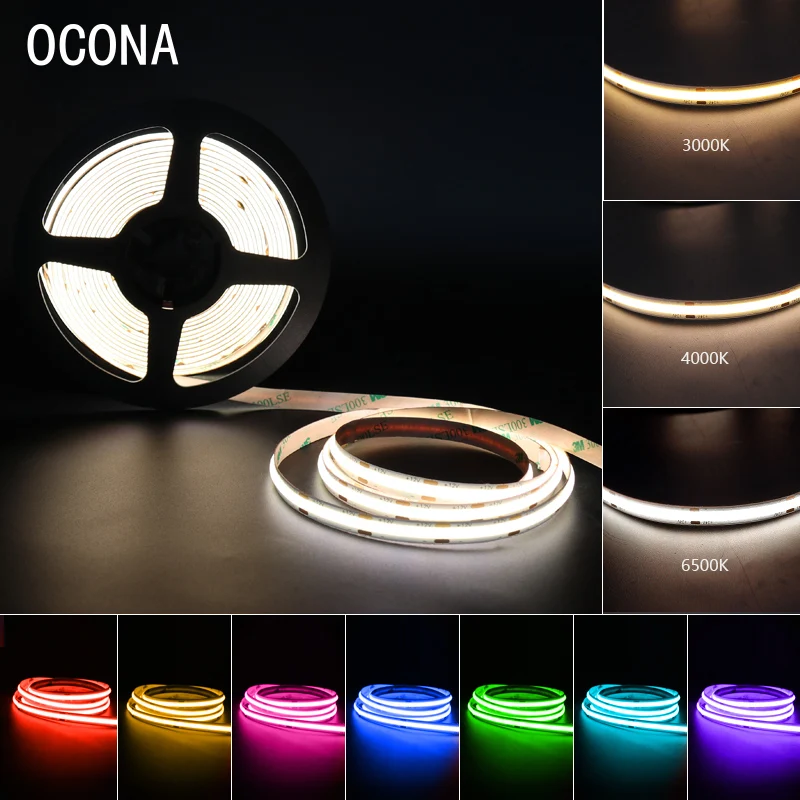 Top Quality 12V/24V COB LED Strip for Room Decoration Wall Backlight 8mm Ra90 480 LEDs Ribbon Tape Lights Orange Color Ice Blue