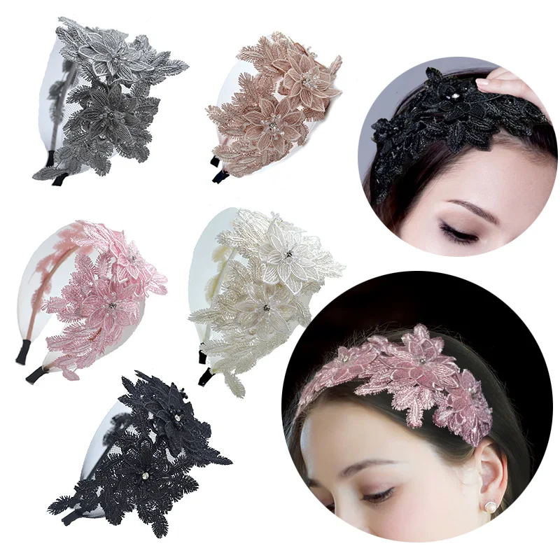 Luxury Flower Embroidery Lace Women Hairbands Bride Rhinestone Beaded Hair Hoop Wedding Headband For Women Hair Accessories