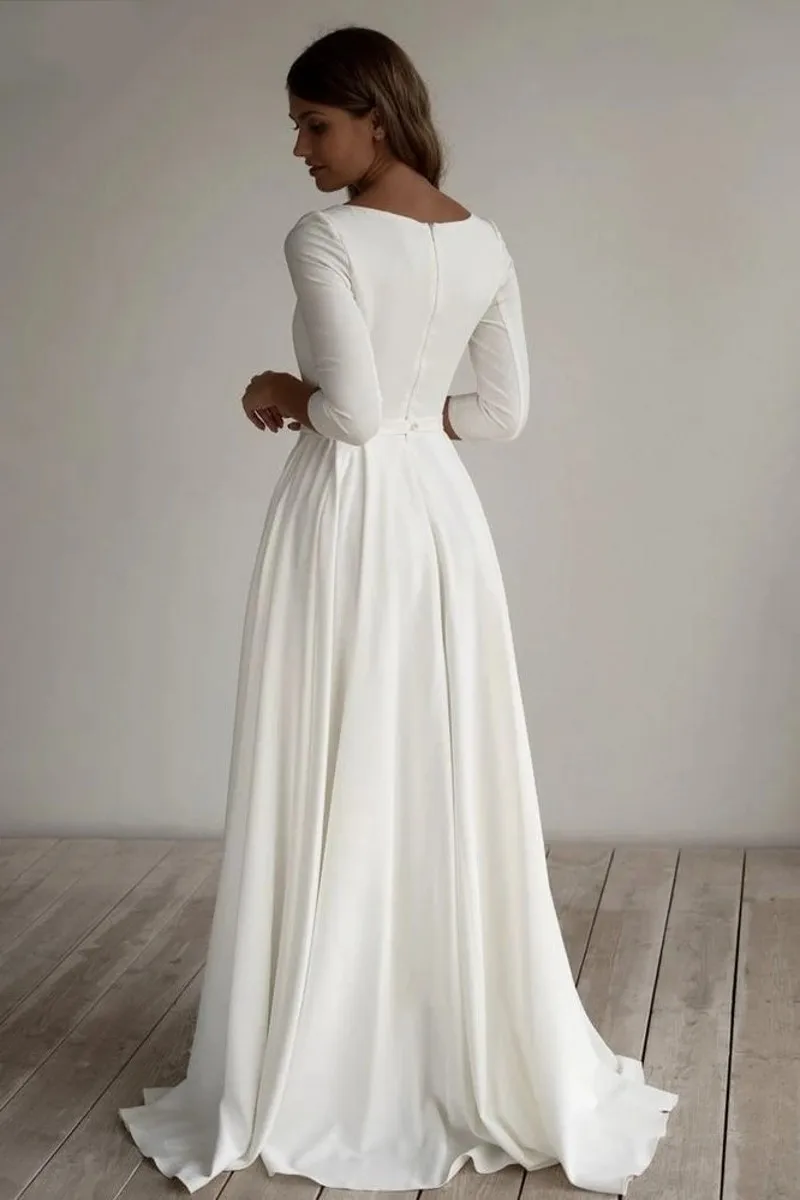 Customized Simple Wedding Dress 2022 Long Sleeves A Line Customer Elegant Bridal Dresses With Pockets Plus Size robe de mariee