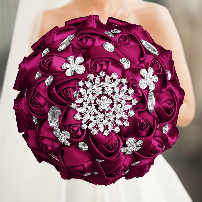 

Hot Selling 1pc/lot Wine Bridal Crystal Silk Flowers Bridal Bouquets For Wedding Party