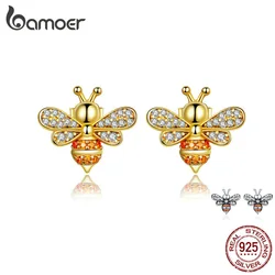 BAMOER Baby Bee Stud Earrings for Women Fashion Crystal Ear Studs 925 Sterling Silver Jewelry for Girl Anti-allergy SCE344