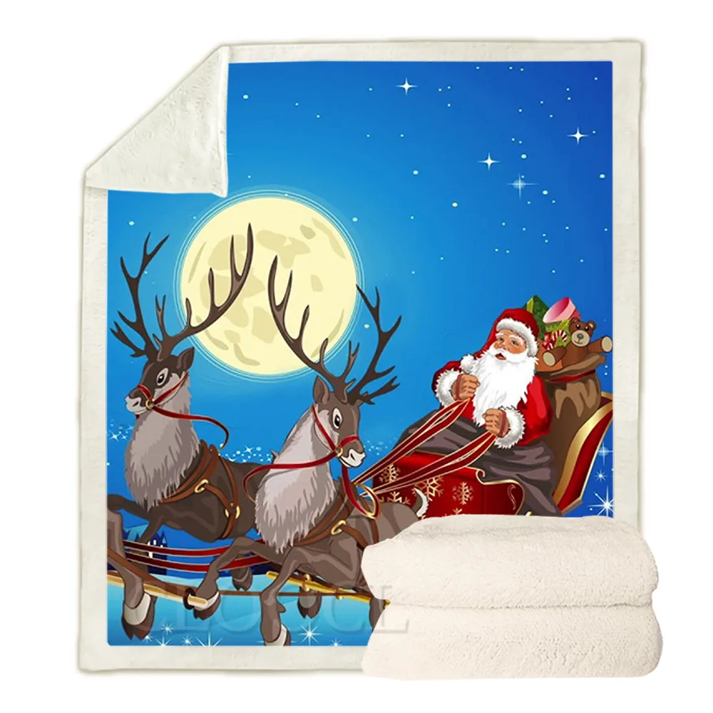 

HX Christmas Blankets Santa Moonlit Night Elk 3D Print Plush Quilts Merry Christmas Blanket Keep Warm Double Layer Blanket