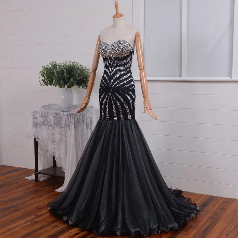 Luxe Strass Sexy Sweetheart Zwarte Lange Prom Dresses 2015 Avondjurk Vestido De Festa Louisvuigon Vrouw A-lijn Kralen