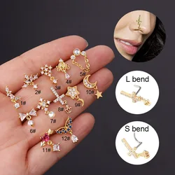 1Piece 20G Stainless Steel S/L Shape Nose Nail Heart Cross Star Moon Pendant Nose Ring Stud for Women CZ Nose Piercing Jewellery
