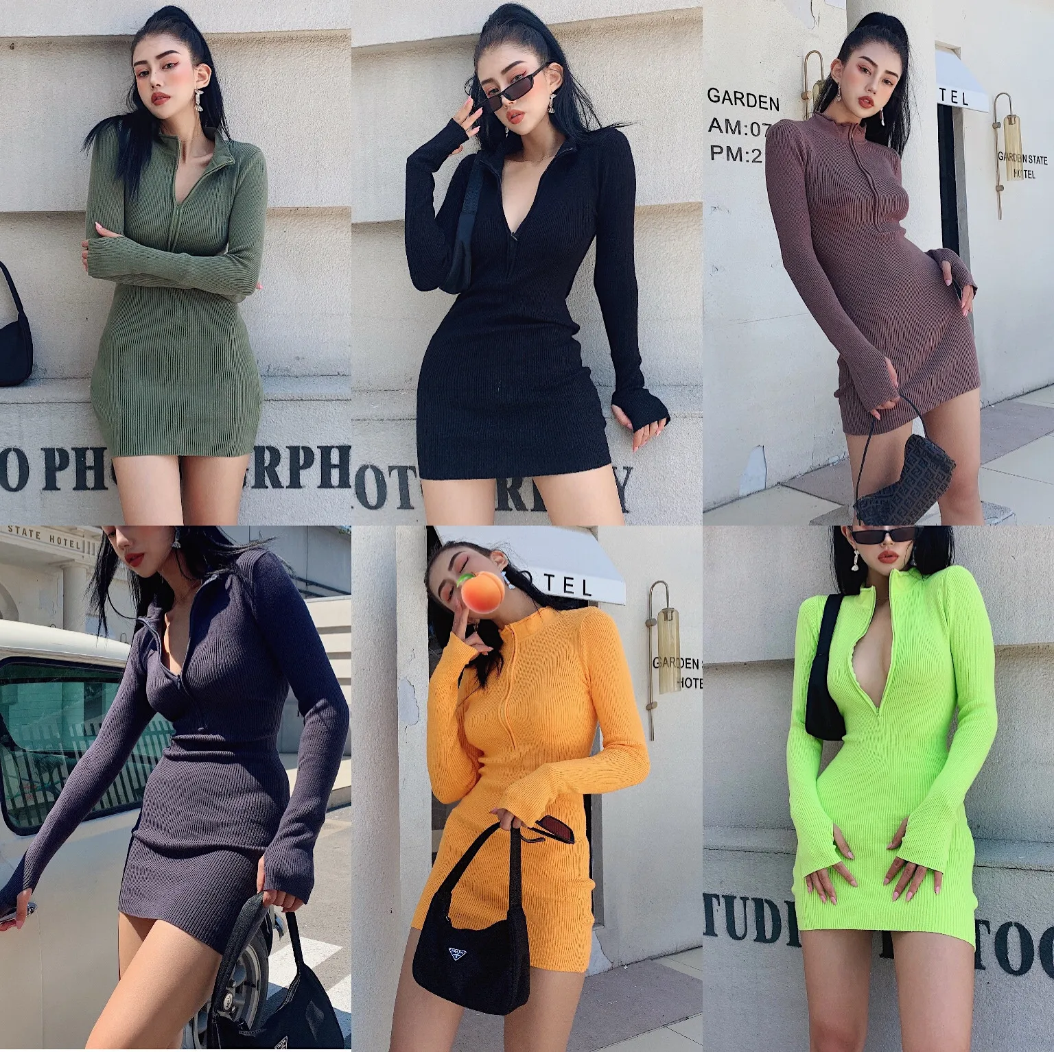 Hot girl Europe and the United States retro zipper knit skirt long-sleeved slim tight-fitting hip bottoming dress women