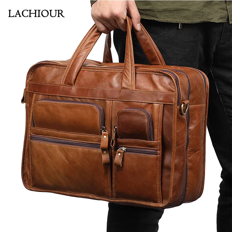 Functional Handbag for Men Genuine Leather Briefcase Business Travel Shoulder Bag Male 14\